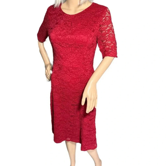 TALBOTS Romantic Red Lace Dress Half Sleeve Midi A Line Classic Lined Sz 2/4 - Picture 2 of 13